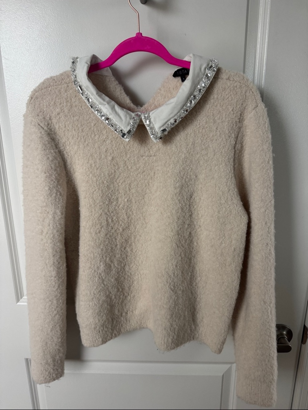 1. State Cream Bouclé Sweater with Jeweled Peter Pan Collar